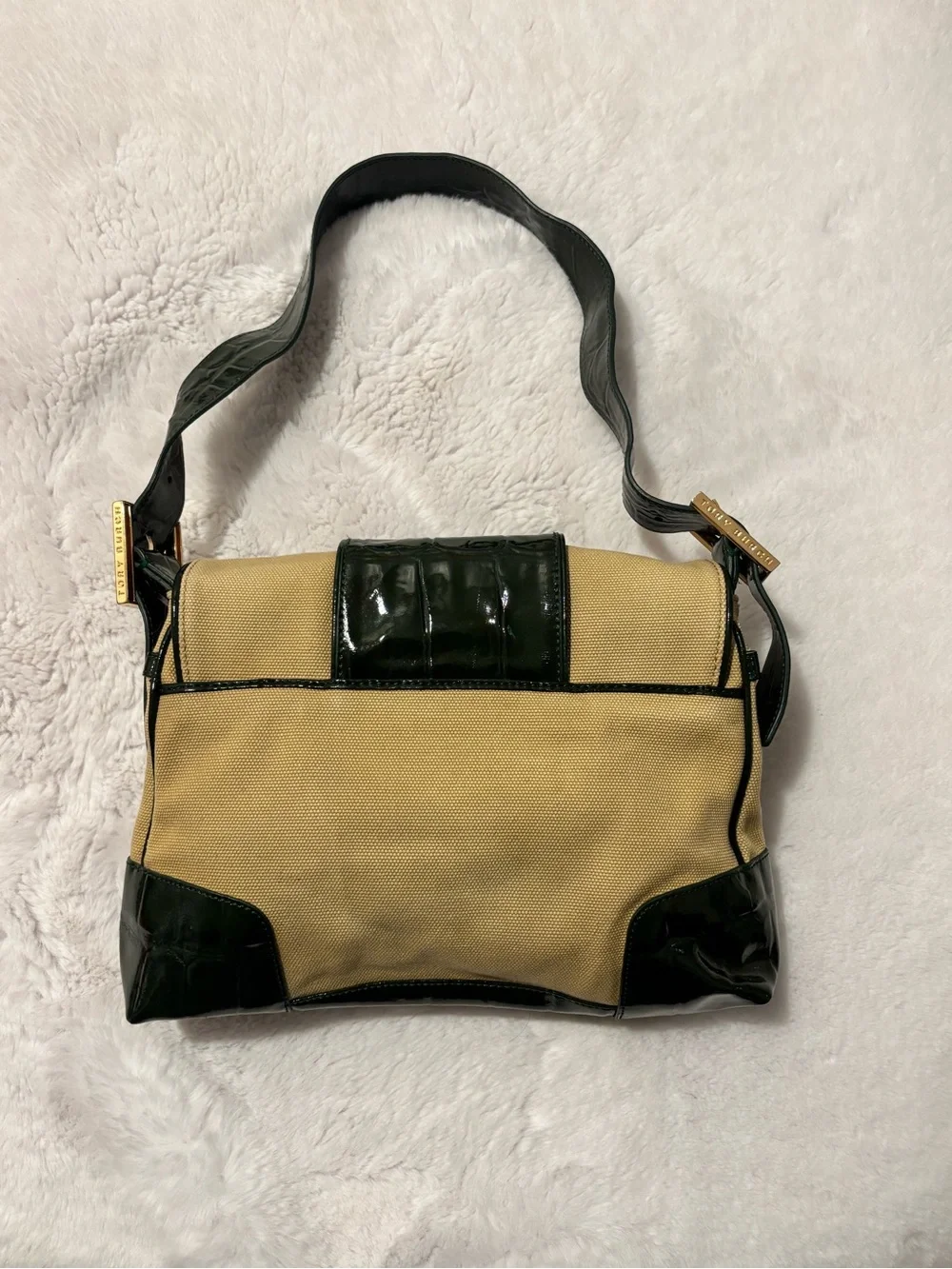 Tory Burch Vintage Baguette Shoulder Bag Khaki Canvas Dark Green Patent 11099828